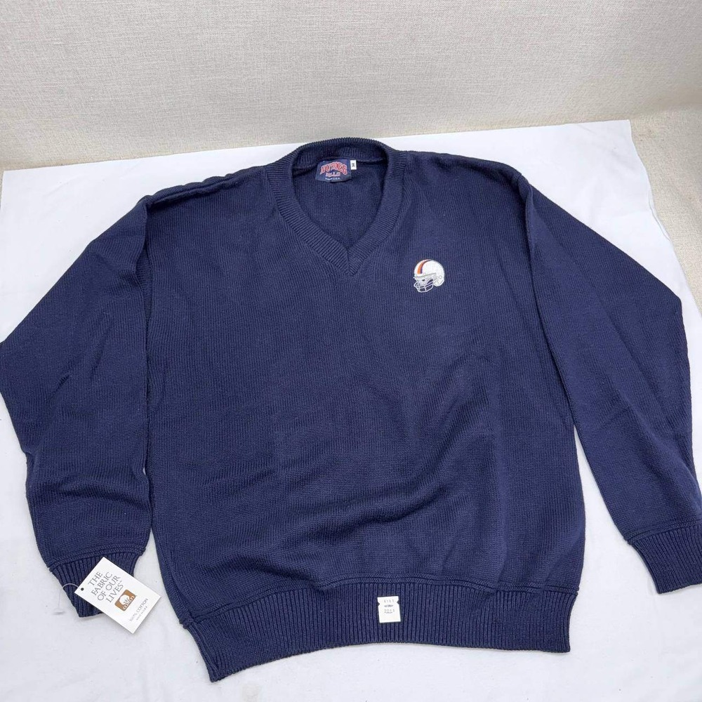 Vintage Nutmeg Mills Navy Blue Cotton V-Neck Sweater Football Helmet NWT Medium